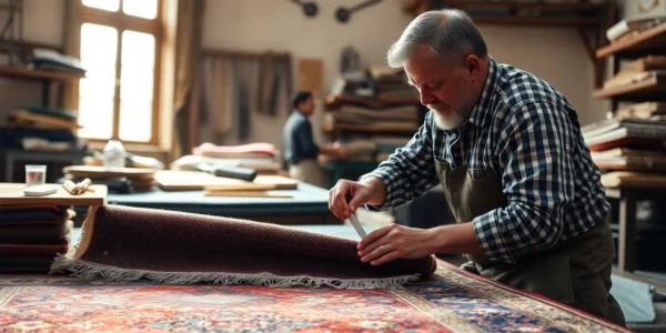 Professional team performing Restauro Tappeti milano on a vintage Persian rug in a bright