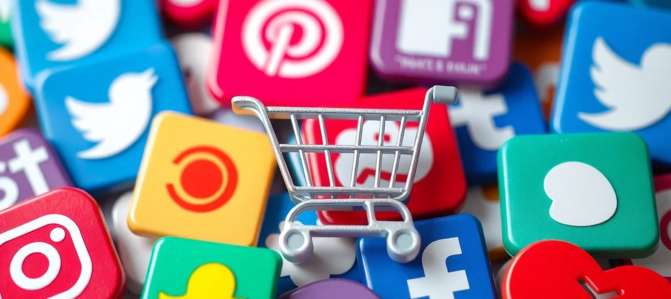 Latest Social Commerce Updates illustrates vibrant icons of social media platforms integrated