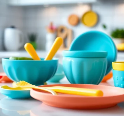Young parent using safe silicone baby tableware with happy baby at a bright dining table,