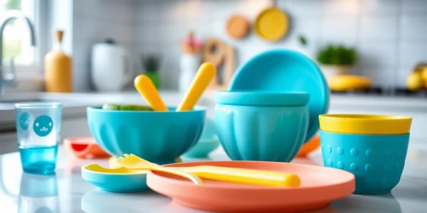 Young parent using safe silicone baby tableware with happy baby at a bright dining table,