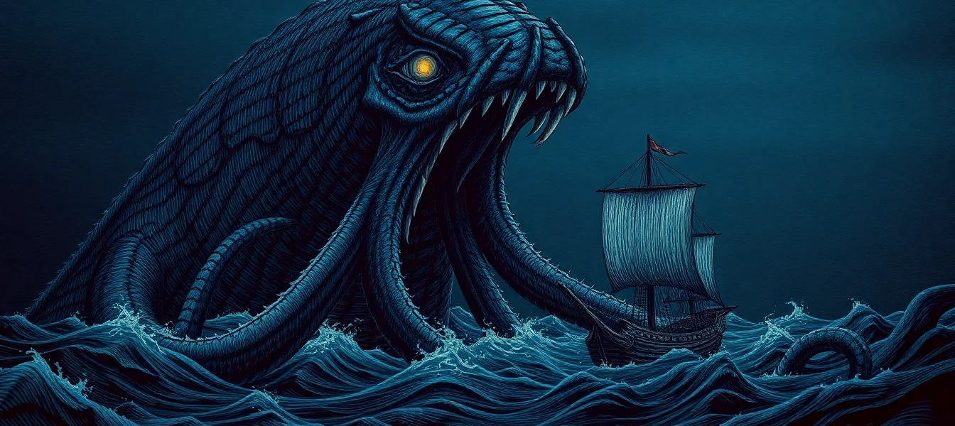 Ancient kraken entering the scene, showcasing its massive size and glowing eyes, depicting