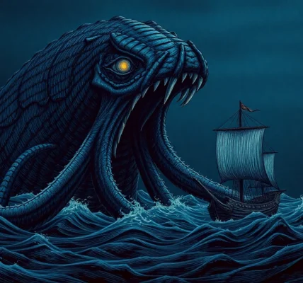 Ancient kraken entering the scene, showcasing its massive size and glowing eyes, depicting
