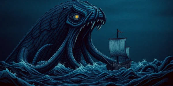 Ancient kraken entering the scene, showcasing its massive size and glowing eyes, depicting