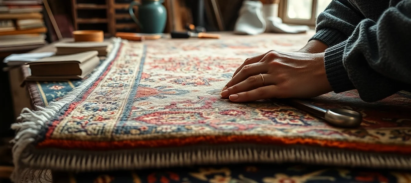 Professional restoring a beautiful Persian rug for Restauro Tappeti Milano with detailed