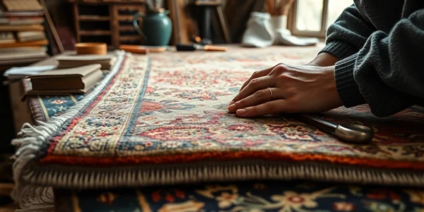 Professional restoring a beautiful Persian rug for Restauro Tappeti Milano with detailed