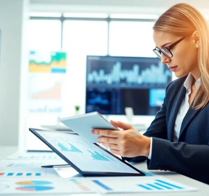 Professional reviewing in-depth investment reports to inform strategic financial decisions with