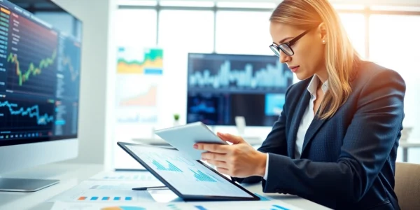 Professional reviewing in-depth investment reports to inform strategic financial decisions with
