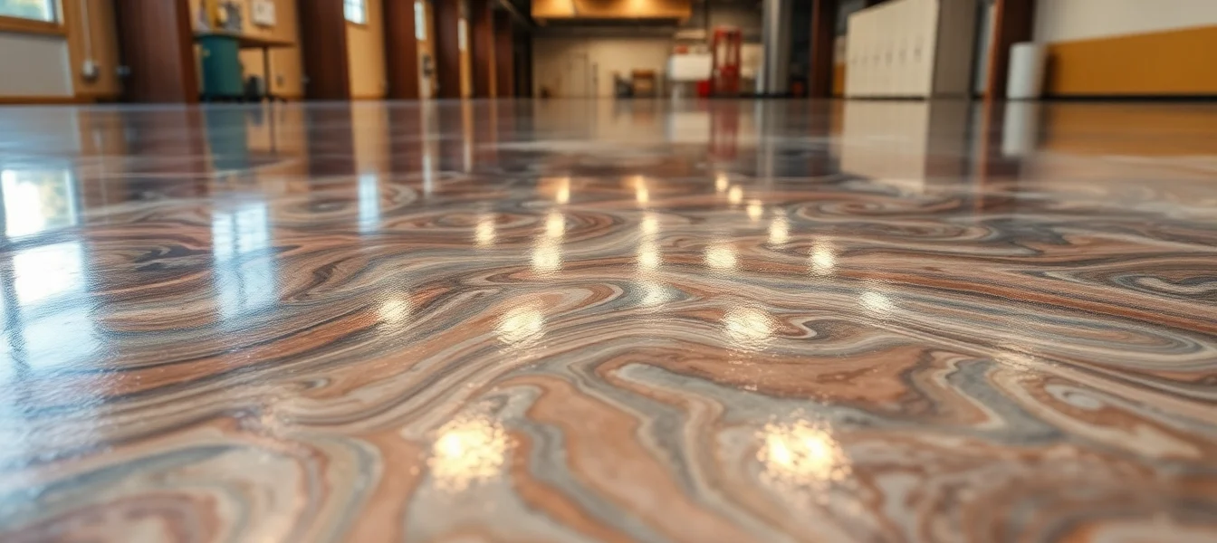 Epoxy resin floor showcasing a glossy, durable finish in a commercial setting, emphasizing