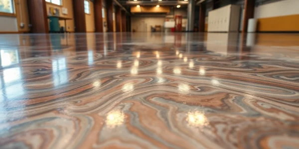 Epoxy resin floor showcasing a glossy, durable finish in a commercial setting, emphasizing