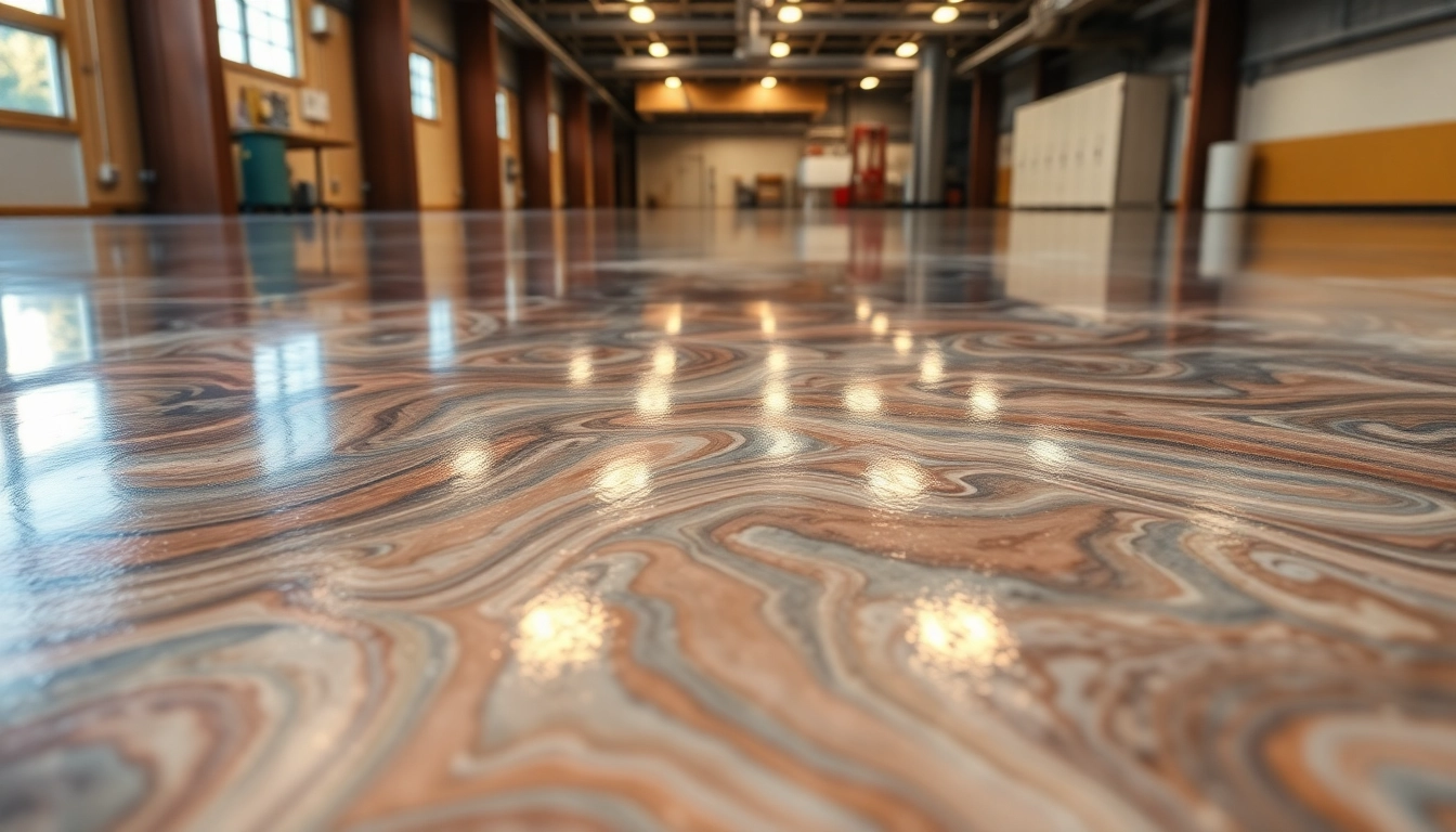 Epoxy resin floor showcasing a glossy, durable finish in a commercial setting, emphasizing