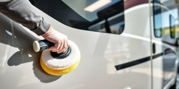 Professional applying Wohnmobil Politursiegelung to enhance vehicle gloss and protection for