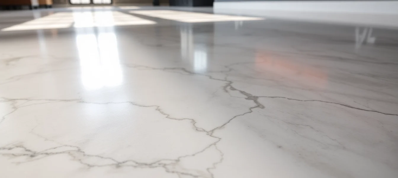 Professional epoxy resin floor with a glossy marble look highlighting durability and style for