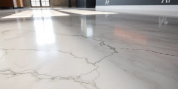 Professional epoxy resin floor with a glossy marble look highlighting durability and style for