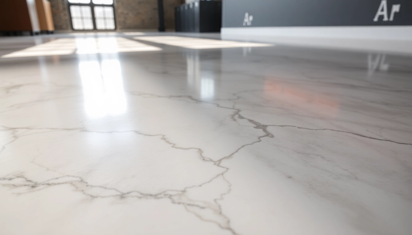 Professional epoxy resin floor with a glossy marble look highlighting durability and style for